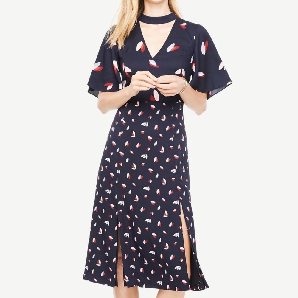 Ann Taylor Cascading Petal Choker Dress Navy Blue Floral Midi Flutter Sleeve 10